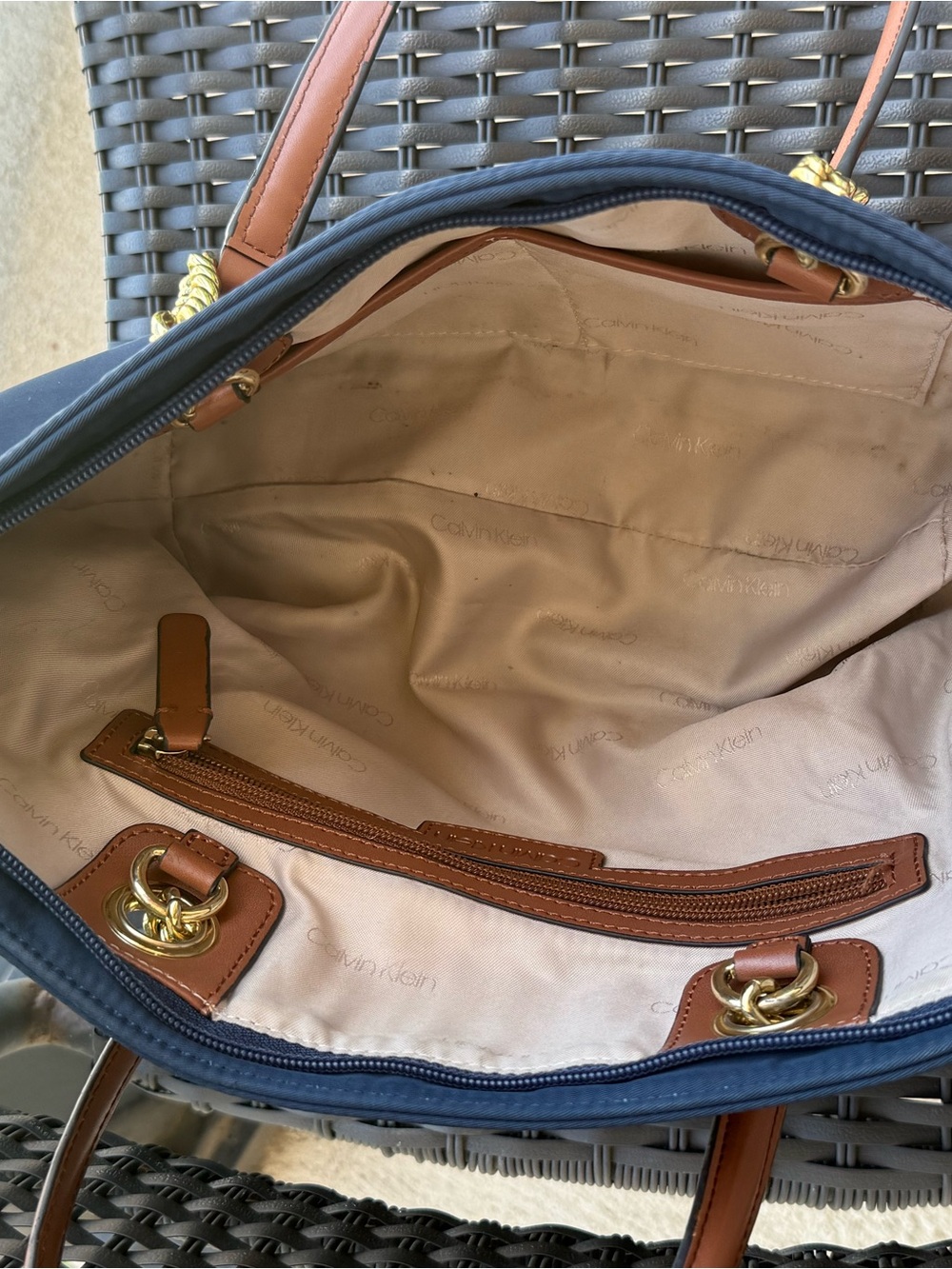 Calvin Klein Navy Tote with Brown Handles and Gold Hardware - Picture 10 of 10